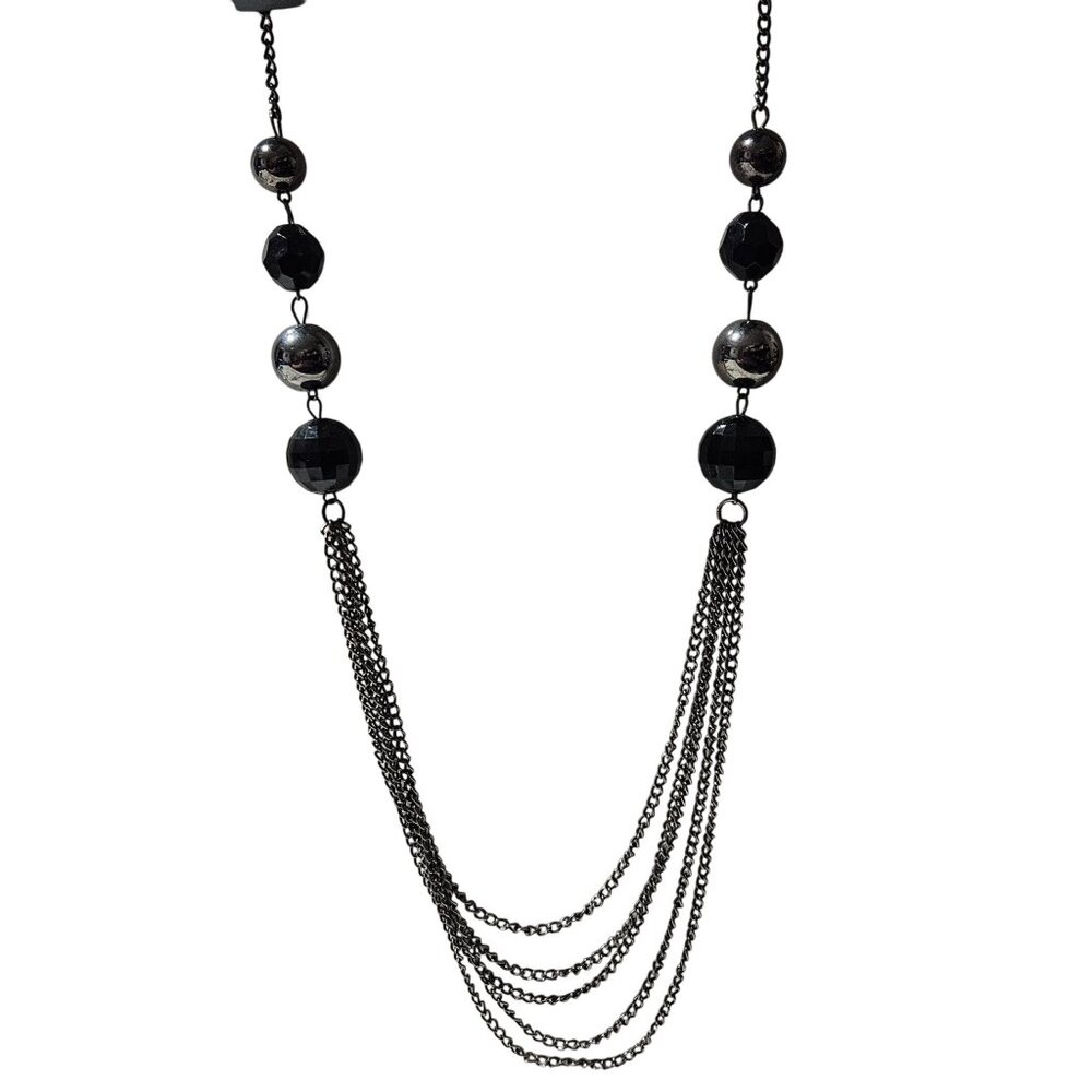 Elegant Black Silver Multi Strand Chain Statement Necklace Faceted Beads Jewelry